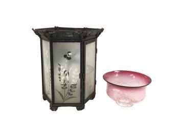 Vintage Etched Frosted Glass Lantern & Pink Glass Lamp Shade - #BS (Pink)