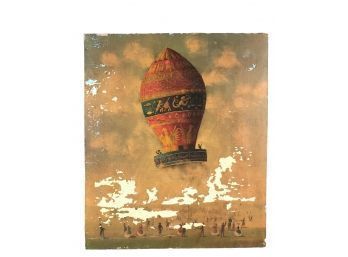 Antique Hot Air Balloon Oil Painting On Wood Board, For Restoration - #S6-5 (Pink)
