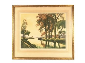 THE YONNE CANAL, FRANCE Etching, Signed F. Roth, Gilded Frame - #AR2