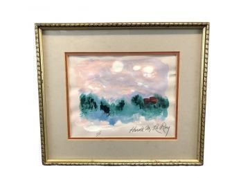 Harold M. Leroy Surreal Landscape Monotype Serigraph, RED BARNS - #W1 (9-1442)