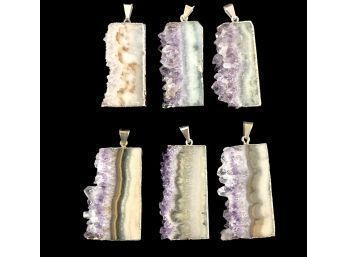 Collection Of Amethyst Geode Slice Pendants With Silver Plated Bails - #B-3