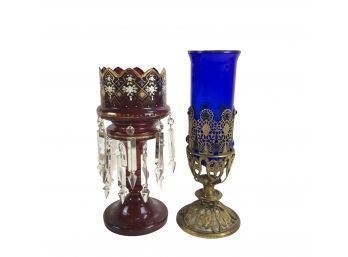 Cranberry Glass With Icicle Crystals & Cobalt Blue Candle Holders - #BS (Orange)