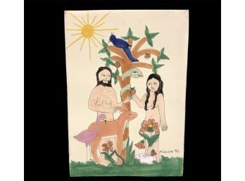 Hand Painted Terra Cotta Tile, Adam & Eve, Signed Monica '96 - #BS