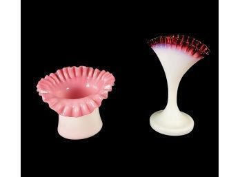 Fenton Pink & Czechoslovakian Cranberry Red Ruffled Milk Glass Vases - #BS (322-233)