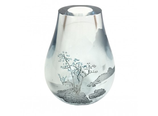Mid-Century Swedish Blue Crystal Bud Vase With Etched Chinese Landscape - #S12