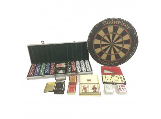 Poker Set With Hard Case, Vintage Playing Cards, Dominoes & Dartboard - #S10-2