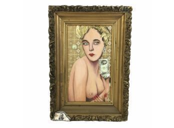 Mixed Media Pin-Up Girl Collage Painting With Antique Gilt Frame - #AR2