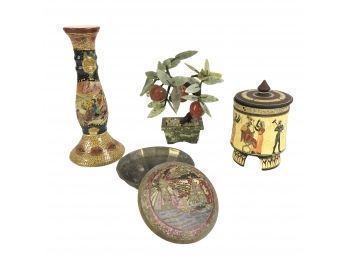 Satsuma Candlestick, Jade Bonsai Tree, Indian Brass Lidded Dish & Grecian Ceramic Jar - #S1-3