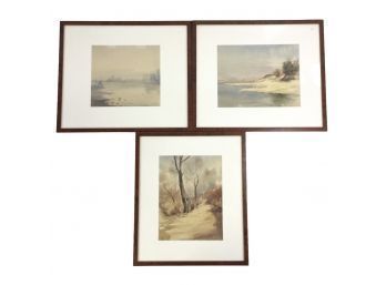 Signed Sandor Szaloky Watercolor Landscape Paintings, Burl Wood Frames - #AR2