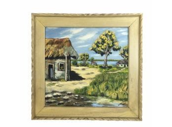 1952 Signed F. Gutfreund Tropical Tiki Hut Oil On Canvas Painting, Original Frame - #AR2