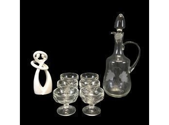 1950s Fostoria Dessert Cups, Grape Etched Glass Wine Decanter & Enesco Figurine - #S3-3