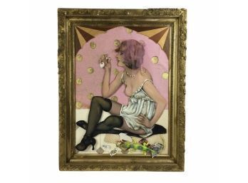 Mixed Media Pin-Up Girl Collage Painting With Antique Gilt Frame - #BS