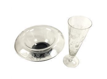 Art Deco Rolled Rim Fern Bowl & Etched Glass Vase - #S-11