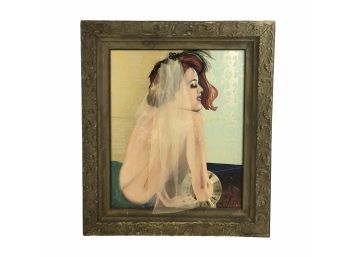 Mixed Media Pin-Up Girl Collage Painting With Antique Gilt Frame - #BS