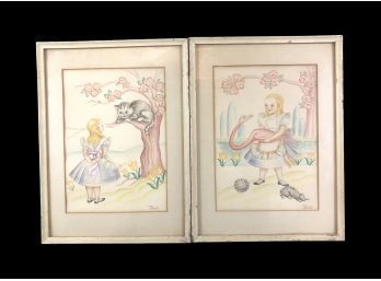 Vintage Alice In Wonderland Cheshire Cat / Flamingo Watercolor Paintings, Signed Marli - #S7-3