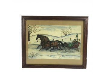 1963 Horse Carriage Watercolor Painting, Signed J.E.U. - #W2