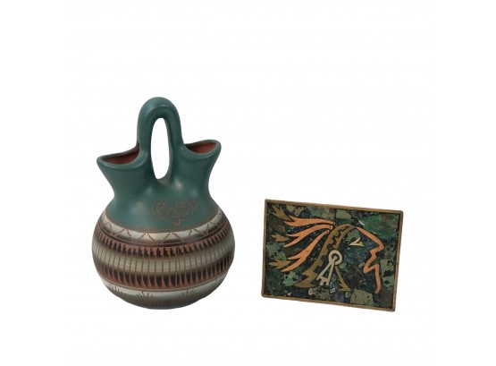 Turquoise & Copper Inlaid Box / JMSN Navajo Vase - #S7-4