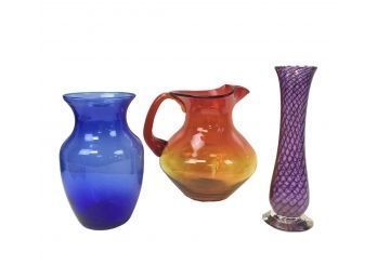 1992 Signed Zellique Studio Art Glass Vase, Blown Glass Pitcher & Cobalt Blue Vase - #S7-1