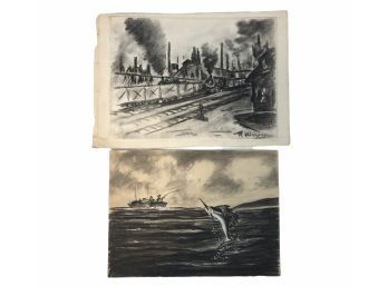 Swordfish Fishermen & Signed R. Wagner Urban Train Depot Charcoal Sketches - #S8-3