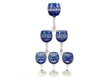Mid-Century Modern Lausitzer Cobalt Blue Cut To Clear Crystal Stem Glasses, Set Of 6 - #S15-3