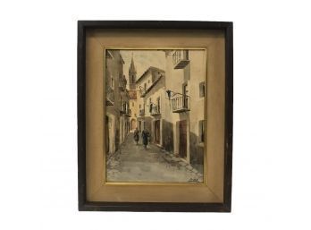 Mid-Century Spanish Cityscape Watercolor Painting, Signed Diaz - #BW