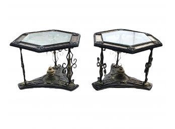 Vintage Hexagonal Glass Top Accent Tables With Shell Inlay - #S23-F