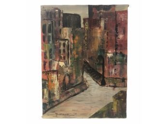 Mid-Century Chinatown NYC Cityscape Oil On Canvas, Signed - #SW