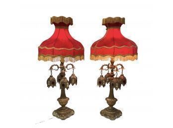 Pair Of Red Gothic Revival Table Lamps With Fringe Shades, WORKS - #FW