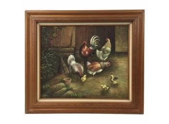 Signed Ferdinand Oil On Canvas Painting, Farmyard Rooster & Chickens - #BW