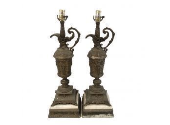 Pair Of Spelter & Marble Base Table Lamps - #FW