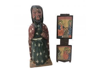 Carved Wood Religious Figure & Ethiopian Coptic Painting On Wood Panel - #S11-5