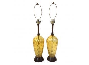 Mid-Century Teak & Yellow Glass Table Lamps, WORKS - #S16-5
