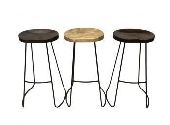 Rustic Carved Wood & Wrought Iron Bar Stools - #S16-F