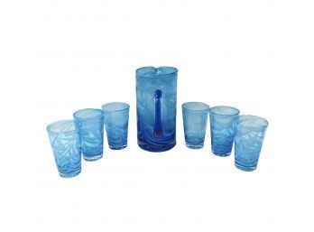 Blue Swirl Blown Art Glass Beverage Set - #S7-2