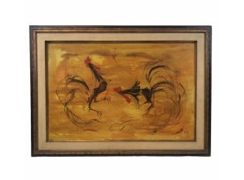 Rooster Cock Fight Oil On Canvas Painting, Signed - #SW