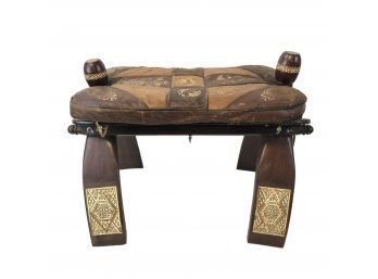 Vintage Egyptian Nefertiti Leather & Wood Camel Saddle Footstool - #S8-1