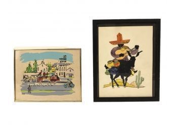 Vintage Watercolor Paintings, MEXICAN PEDDLER & FIRE CALL - #S2-3