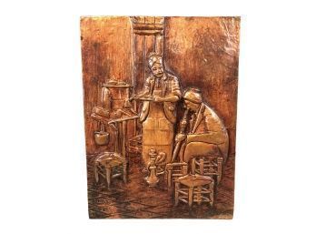 Turkish Copper Relief Depicting A Couple Enjoying Music & Tea, Signed - #BW