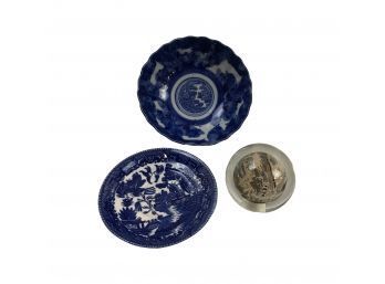 Glass Bed Post Finial W/ Hand Painted Japanese Village Scene, Blue Willow Plate & Bowl - #S7-3