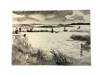 Asian Fishermen Landscape Watercolor Painting - #S11-4