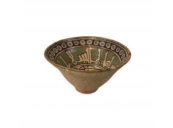 Uzbekistan Glazed Earthenware Conical Pottery Bowl, Calligraphy Pattern - #S7-4