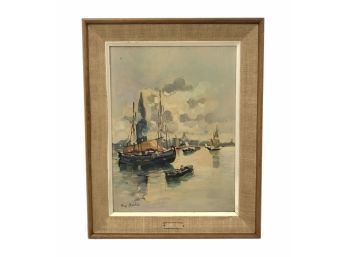 Vintage Ship Harbor Oil On Canvas Painting, Signed - #SW