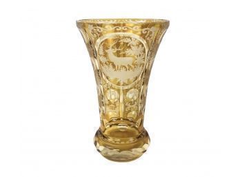 Antique Bohemian Amber Cut To Clear Glass Vase With Stag Design - #S8-2