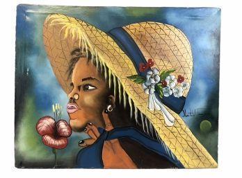Haitian Girl Portrait Oil On Canvas Painting, Signed - #BW