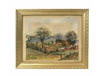 Vintage Village Landscape Watercolor Painting, Unsigned - #SW