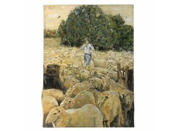 1985 Signed Sheep Herder Oil On Canvas Painting - #BW