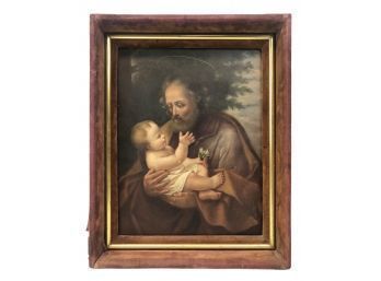 19th Century Signed Oil On Canvas, St. Joseph & Baby Jesus - #S3-2