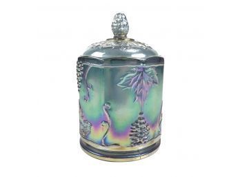 Vintage Blue Carnival Glass Candy Jar With Lid, Indiana Harvest Grape Pattern - #S8-2
