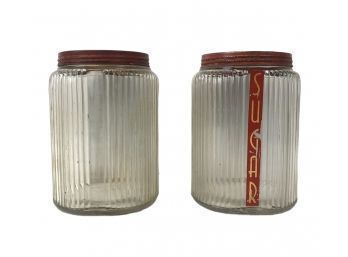 Antique Hoosier Kitchen Ribbed Glass Canister Jars With Red Lids, Set Of 2 - #S12-4