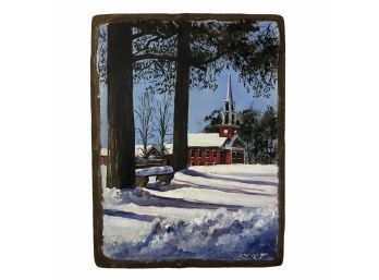 Signed Robert Herbert Church In Winter Landscape Oil On Wood Painting - #SW